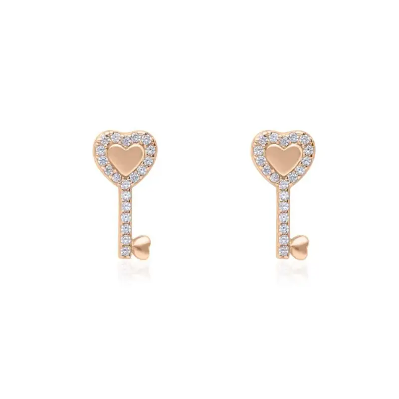 Orecchini a lobo in argento rosato forma chiave cuore con zirconi