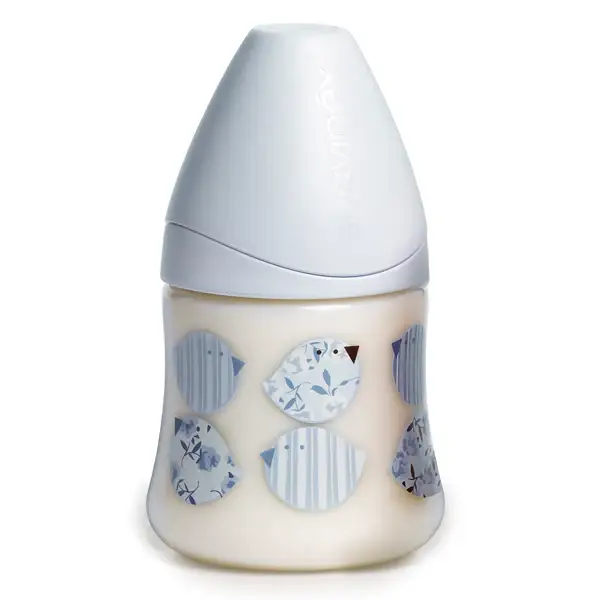 Biberon a bocca larga con tettarella a 3 posizioni, lattice blu, 150 ml