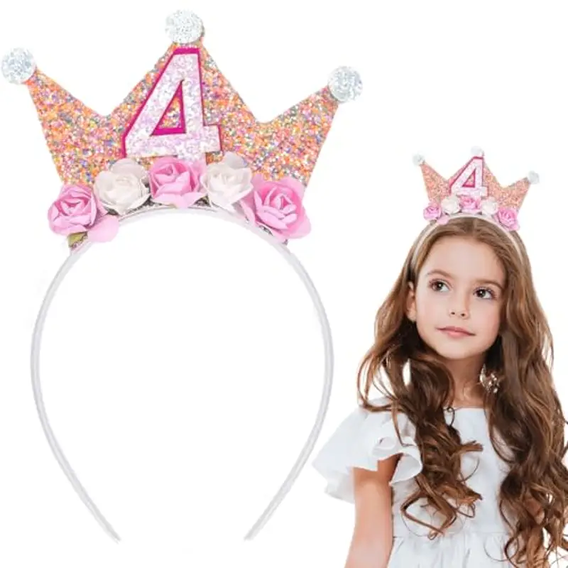 SUBTAVIK Fascia per capelli di compleanno, corona di compleanno di 4 anni, fascia per capelli di compleanno per