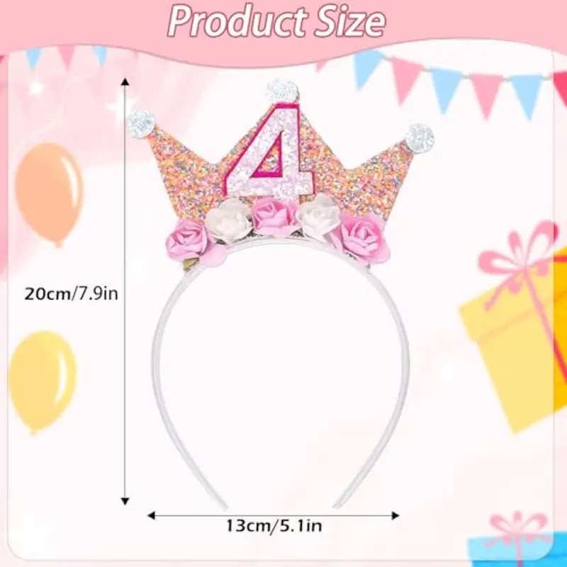 SUBTAVIK Fascia per capelli di compleanno, corona di compleanno di 4 anni, fascia per capelli di compleanno per miniatura 2