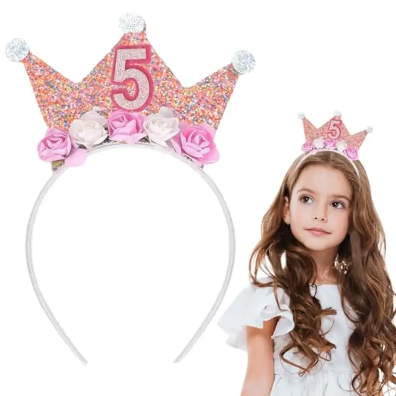 SUBTAVIK Fascia per capelli di compleanno, corona di compleanno di 5 anni, fascia per capelli di compleanno per