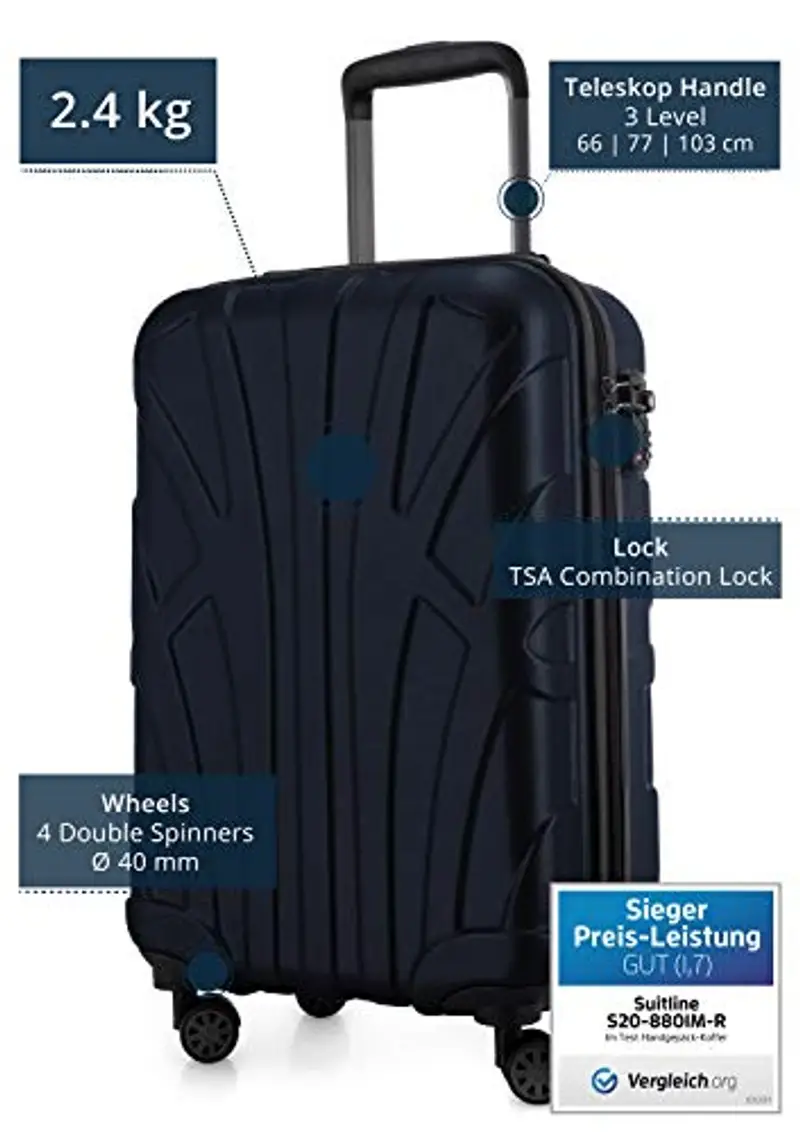 SUITLINE - Trolley da cabina rigido aereo, bagaglio a mano leggero 55 cm, 34 litri, Blu scuro miniatura 2