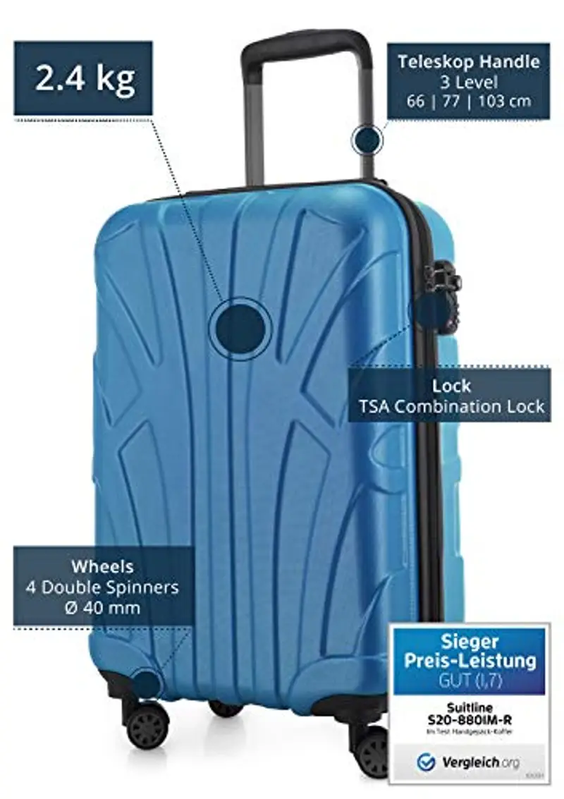 SUITLINE - Trolley da cabina rigido aereo, bagaglio a mano leggero 55 cm, 34 litri, Ciano miniatura 2