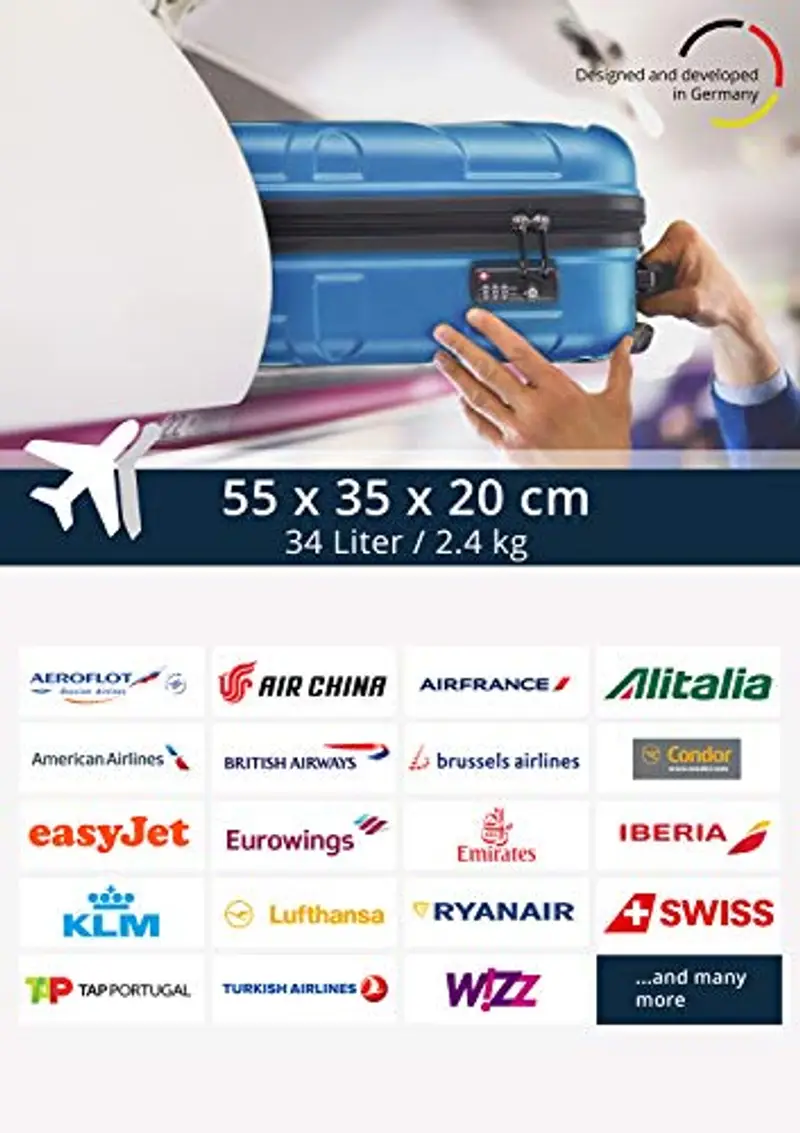 SUITLINE - Trolley da cabina rigido aereo, bagaglio a mano leggero 55 cm, 34 litri, Ciano miniatura 3