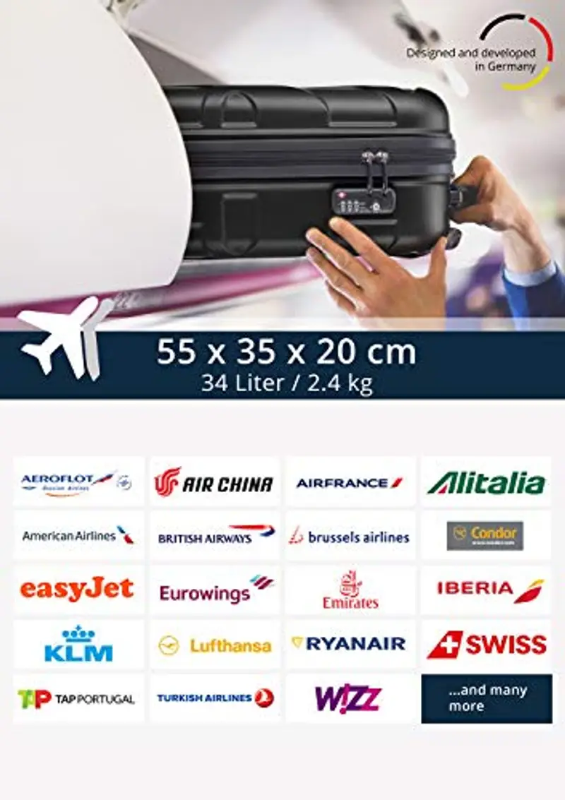 SUITLINE - Trolley da cabina rigido aereo, bagaglio a mano leggero 55 cm, 34 litri, Nero miniatura 2