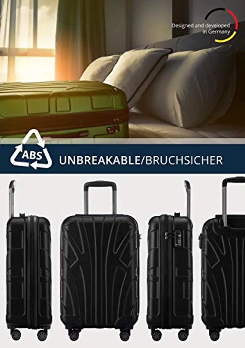 SUITLINE - Trolley da cabina rigido aereo, bagaglio a mano leggero 55 cm, 34 litri, Nero miniatura 3