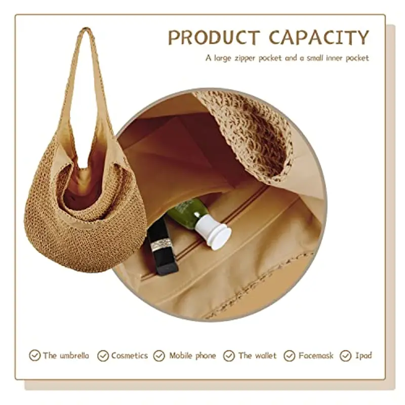 SUKUTU Borsa da Spiaggia Grande in Rattan di Paglia da Donna Borse Hobo Borsa da Donna in Paglia intrecciata a mano Estiva miniatura 5