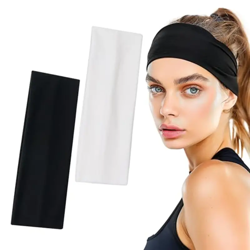 Sularpek 2 Pezzi Fascia Capelli, Sportiva Fascia Capelli, Elastica per Capelli, Antiscivolo Headband Unisex, Fasce Yoga Cotone per Donne O Uomini, Sport, Yoga, Pulizia del Viso, Fitness(Nero, Bianco)