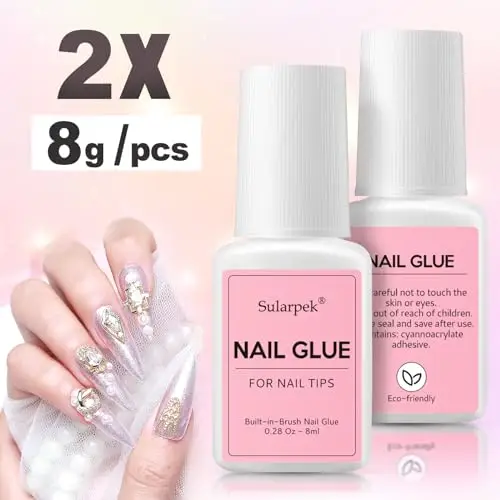 Sularpek 2PCS Colla Unghie Finte Forte, 8g Colla per Riparare le Unghie Finte, Nail Bond Colla per Unghie Finte con un miniatura 2
