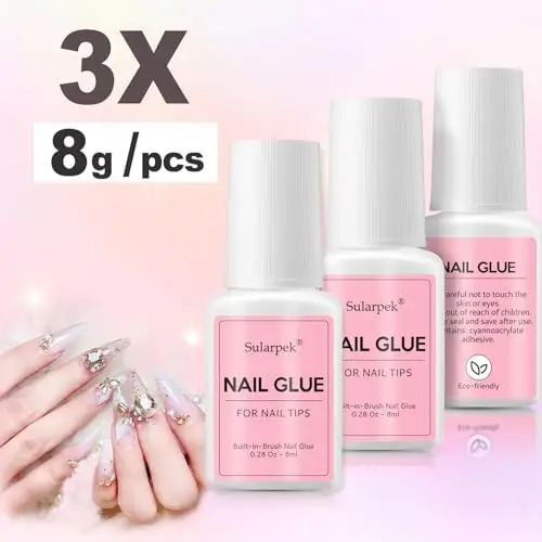 Sularpek 3 * 8ml Colla per Unghie Finte, Colla per Riparare le Unghie Finte, Professionale Colla per Tips Unghie, Extra miniatura 2