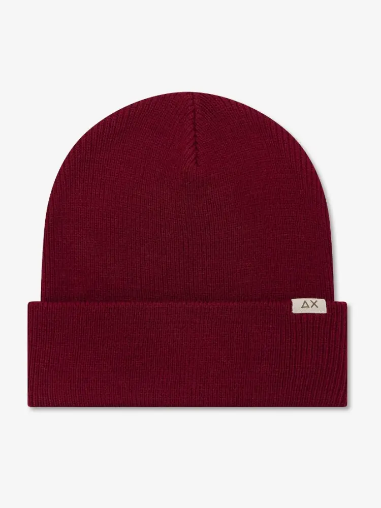 berretto beanie in misto lana a costine bordeaux con logo patch
