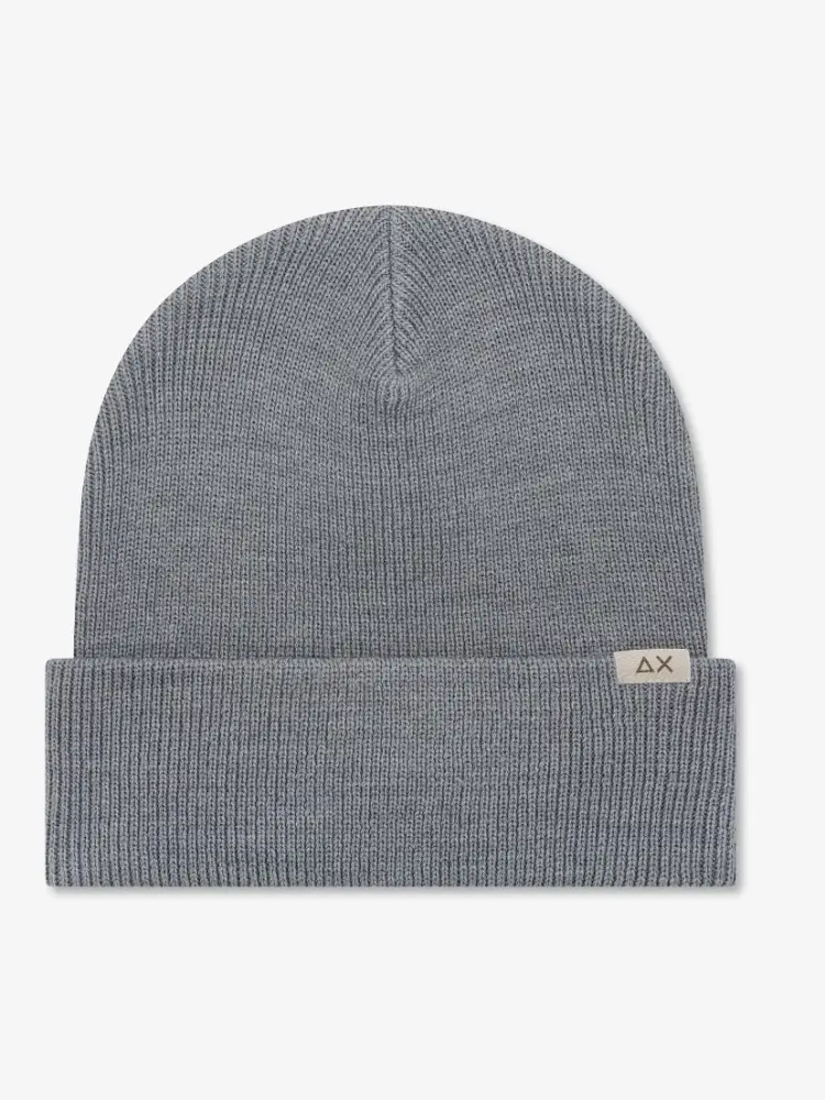 berretto beanie in misto lana a costine grigio chiaro con logo patch