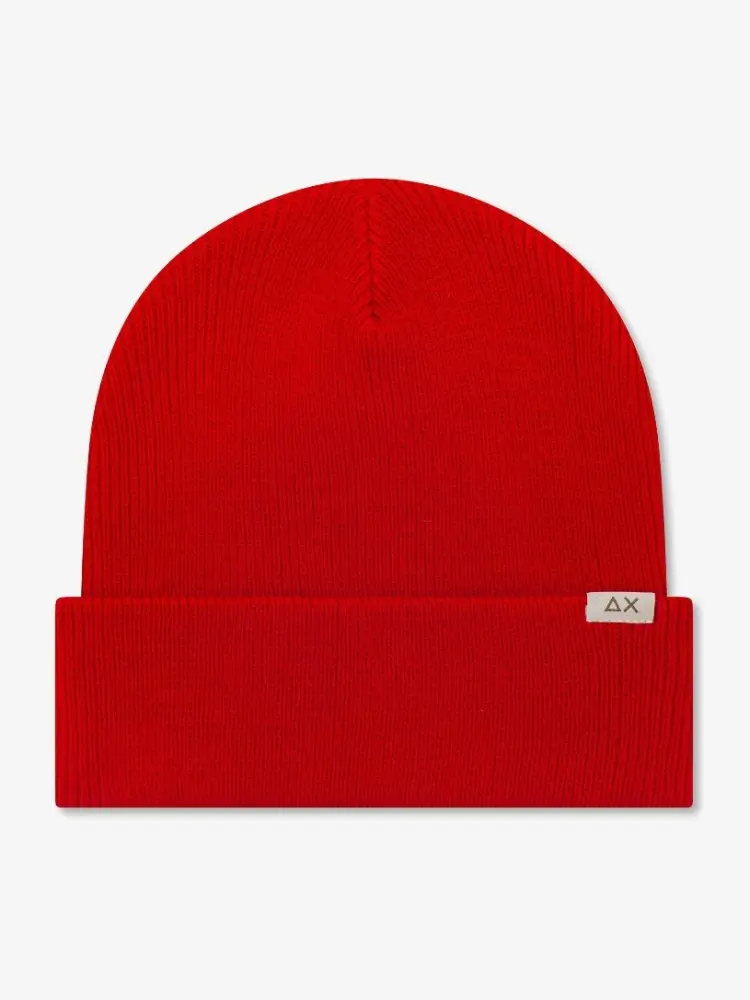 berretto beanie in misto lana a costine rosso con logo patch