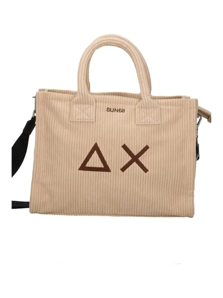 borsa media cali corduroy in velluto rigato beige con logo e tracolla
