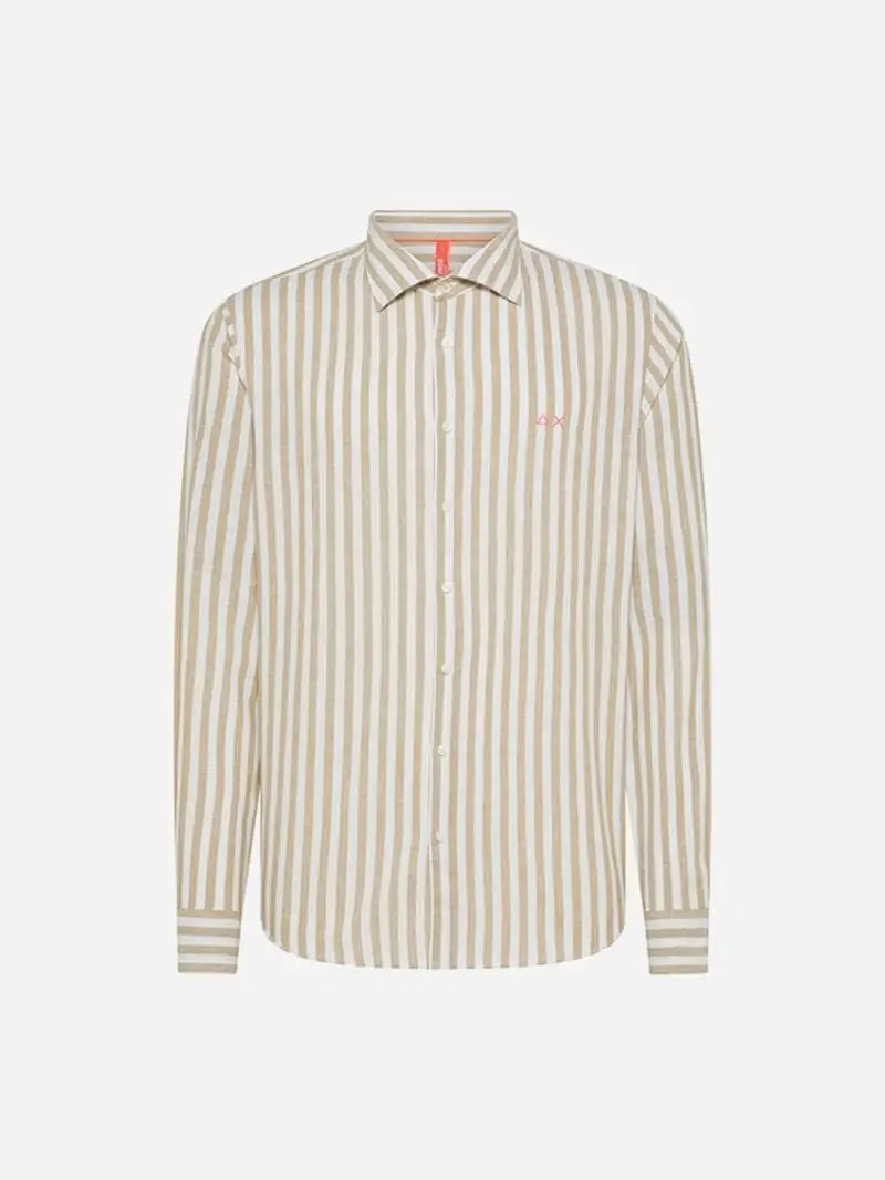 Sun68 camicia beige uomo in lino a righe mini logo sul petto