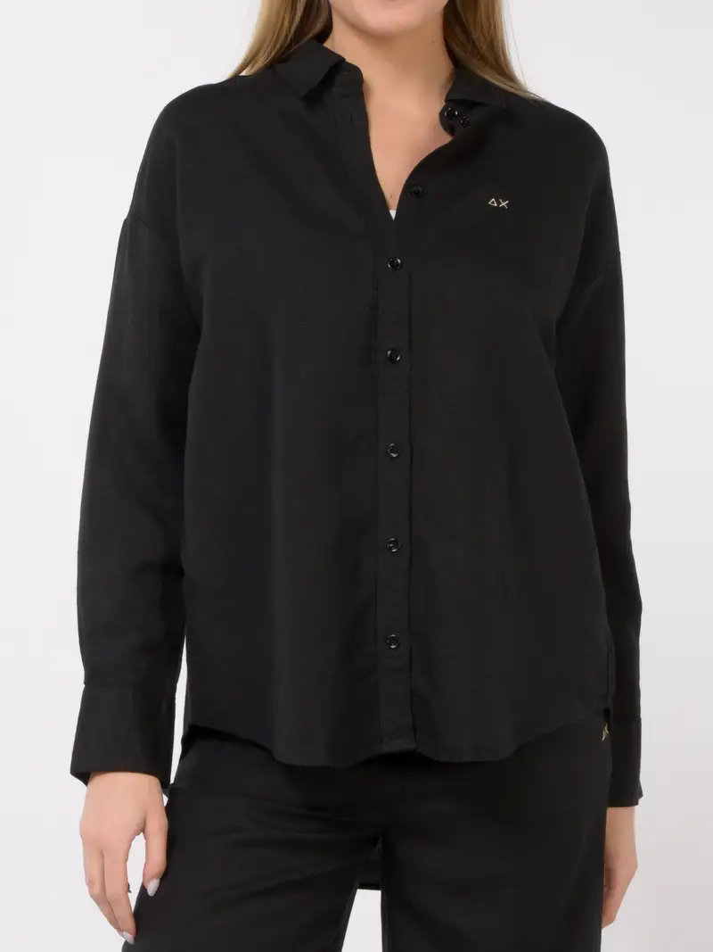 camicia da donna Sun68 in lino e viscosa con logo NERO