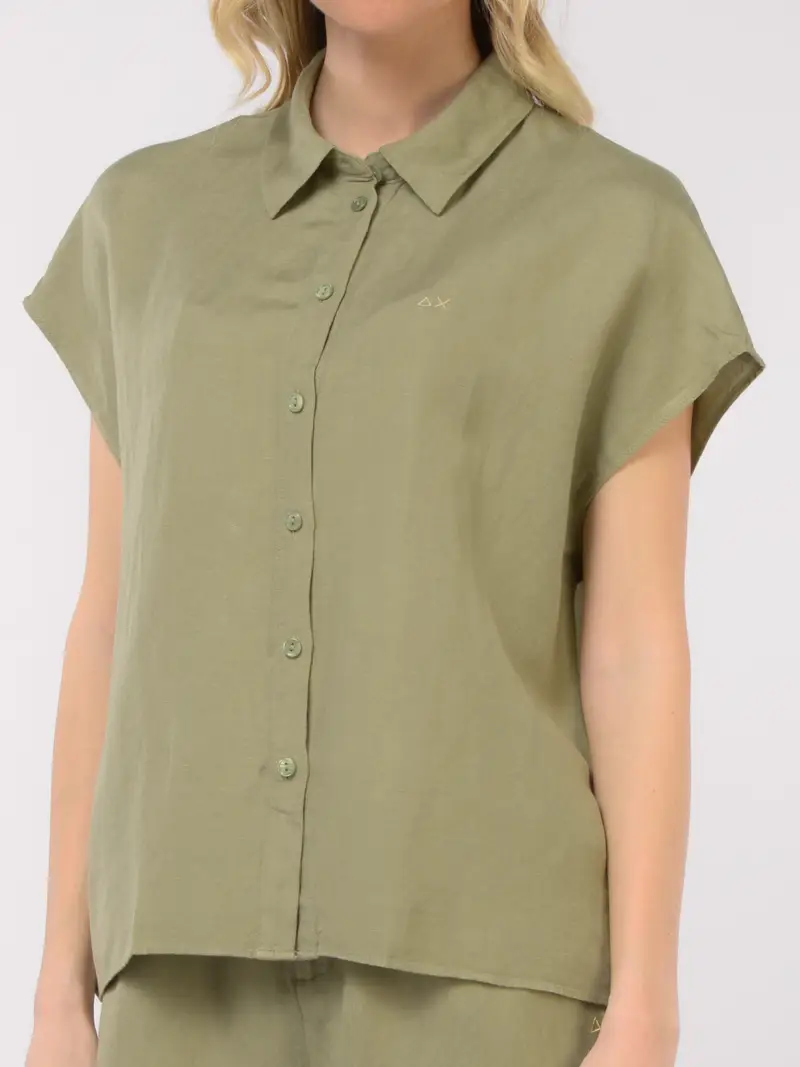 camicia da donna Sun68 in lino e viscosa con manica ad aletta Verde