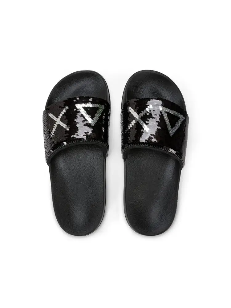 ciabatte donna con paillettes nere logo argento/osa