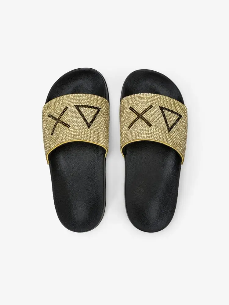 ciabatte nere oro donna con strass maxi logo