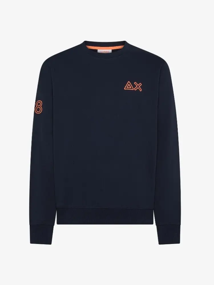 felpa girocollo in cotone blu con logo fluo