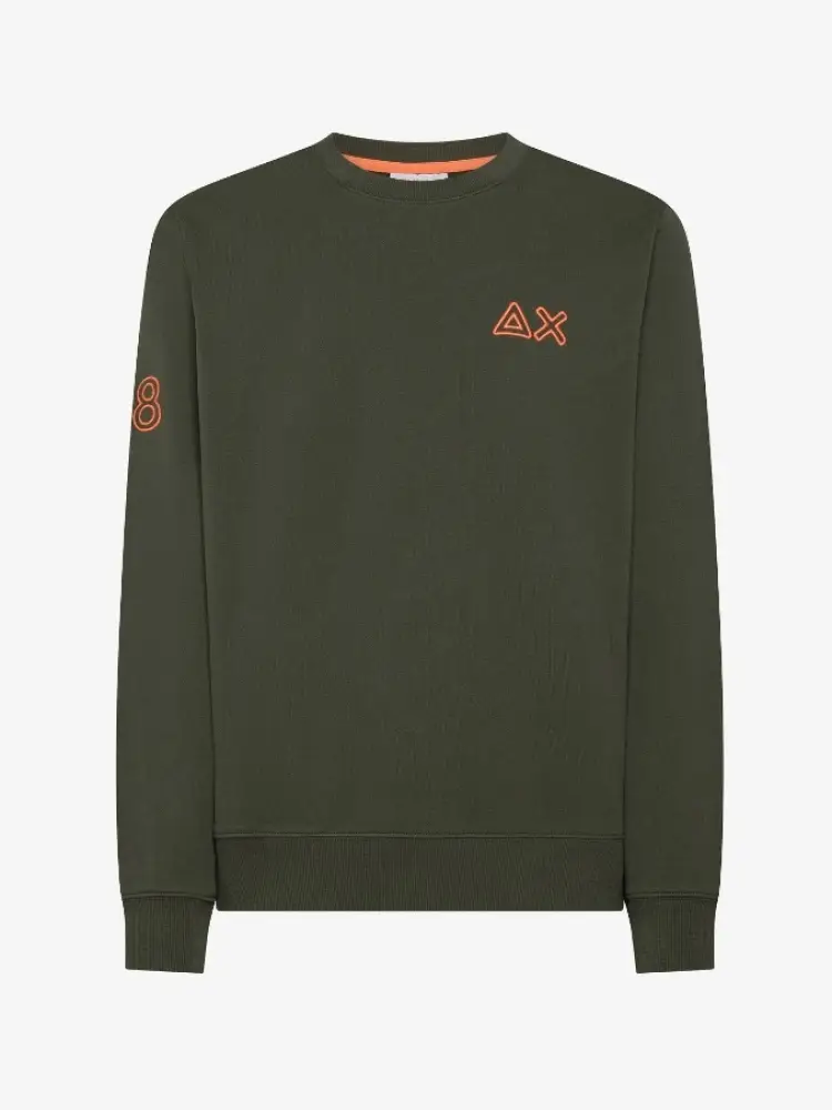 felpa girocollo in cotone verde militare con logo fluo