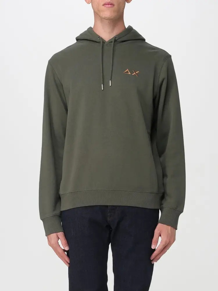 felpa verde militare uomo con cappuccio in cotone logo a contrasto