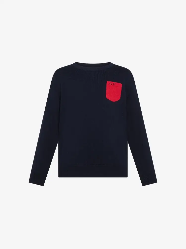 maglia blu navy bambino in misto lana patch sui gomiti logo sul petto