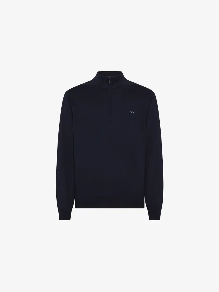 maglia blu navy uomo con zip in misto lana mini logo sul petto