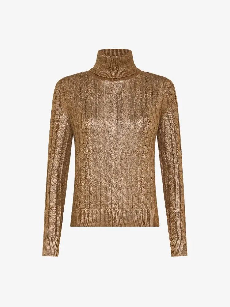 maglia dolcevita laminata in lana e cashmere cammello