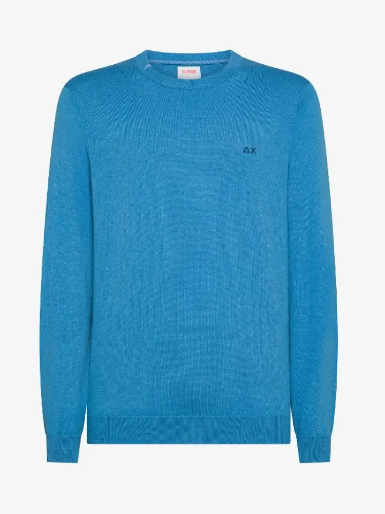 maglia girocollo in misto lana azzurro con logo ricamato