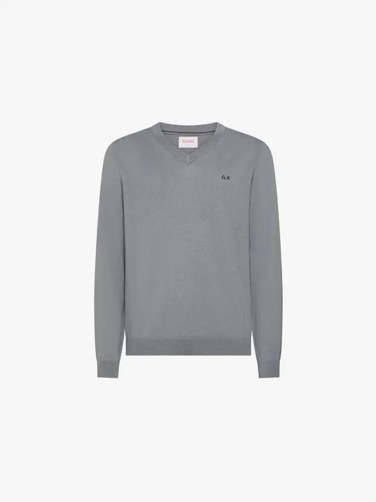 maglia grigia uomo in misto lana scollo v mini logo sul petto