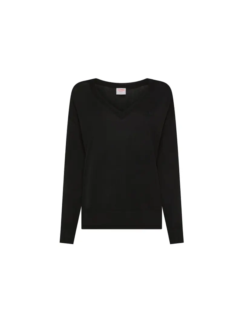 Sun68 maglia nera donna in cotone scollo v mini logo sul petto
