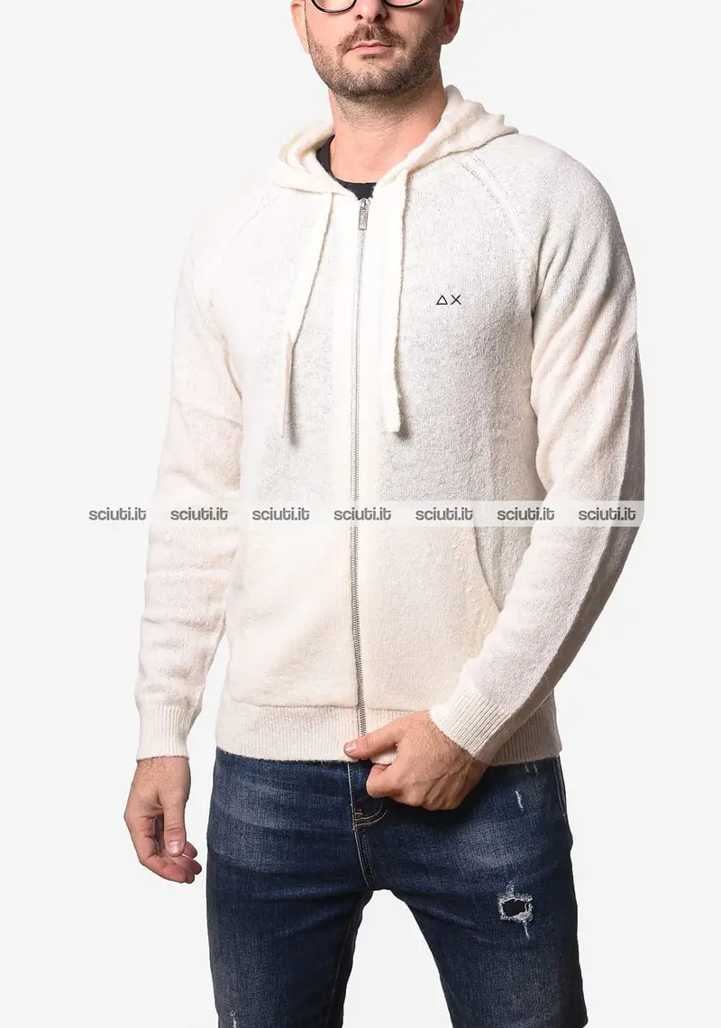 Maglia SUN68 uomo bianco panna fullzip in lana e alpaca