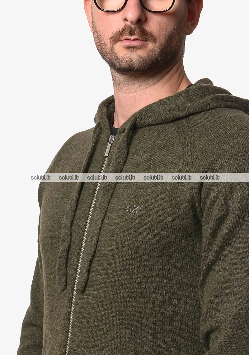 Maglia SUN68 uomo verde militare scuro fullzip in lana e alpaca