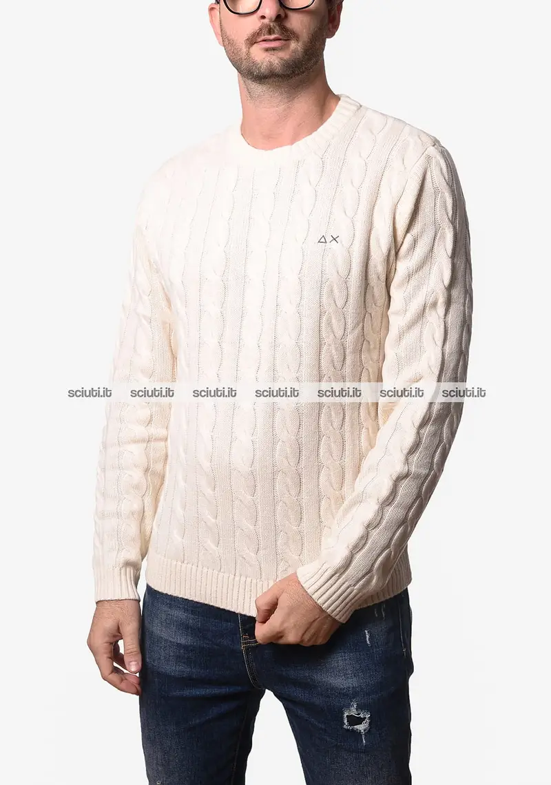 Maglione SUN68 uomo bianco panna girocollo a trecce