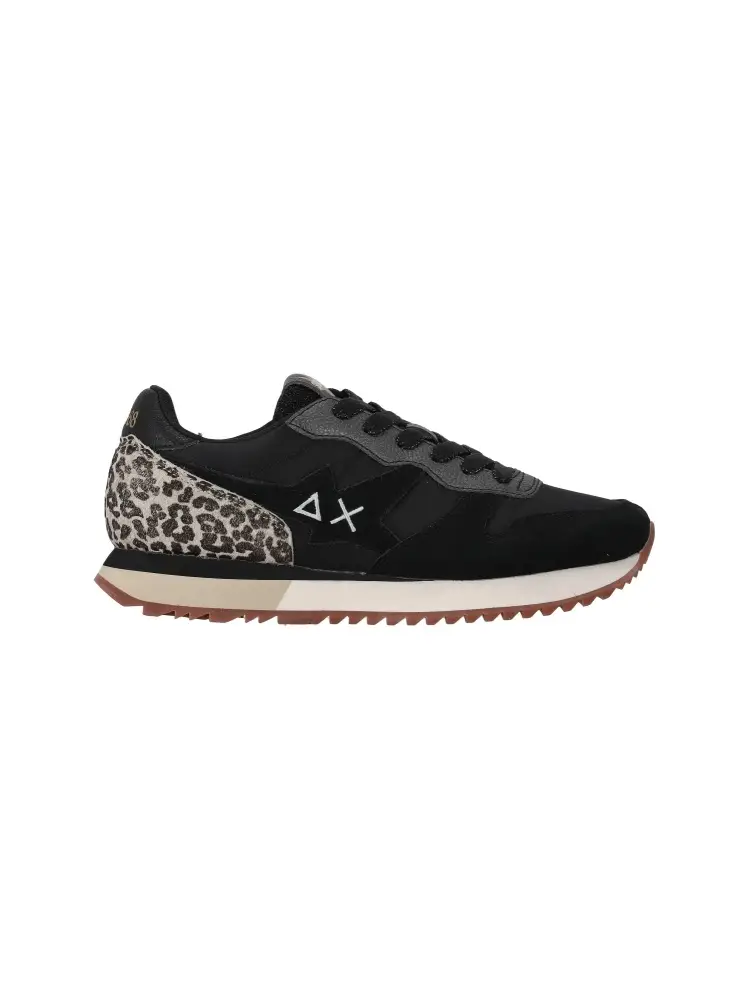 scarpe nere donna in tessuto motivo animalier sul retro logo a contrasto