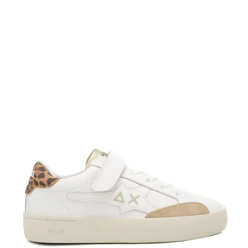 sneakers da bambina con logo ricamato sulla parte esterna e inserto animalier bianco oro