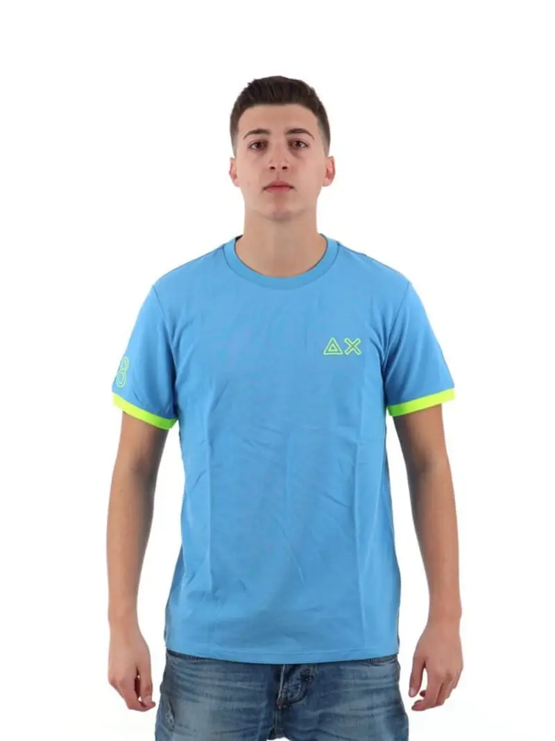 Sun68 tshirt celeste uomo in cotone dettagli fluo logo sul petto