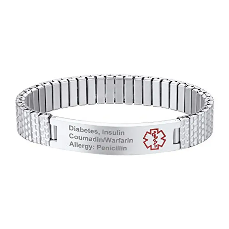Supcare Bracciale Uomo Acciaio Personalizzato, Medico Emergenza Braccialetto Incisione Identificativo, Argento