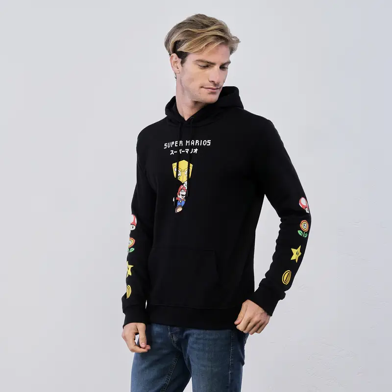 Felpa nera da uomo con stampa cartoon Super Mario