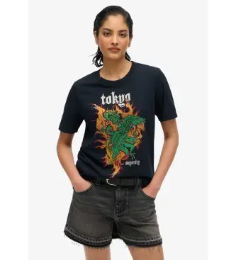 per donna W1011627A T-shirt vestibilità comoda con logo Vintage Tokyo in nero (XS), Casual, Cotone, Manica corta