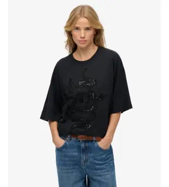 per donna W1011764A Maglietta con tatuaggio nero (M), Casual, Cotone, Manica 3/4