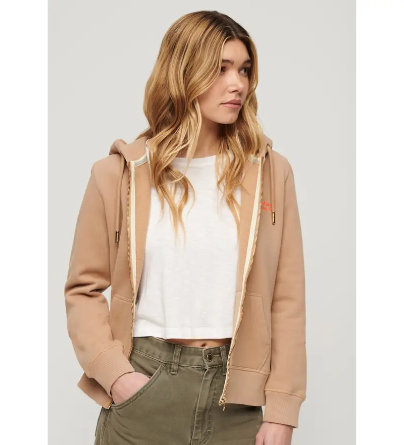 per donna W2012047A Felpa con cappuccio marrone con zip e logo Essential (L), Casual, Cotone, Manica lunga