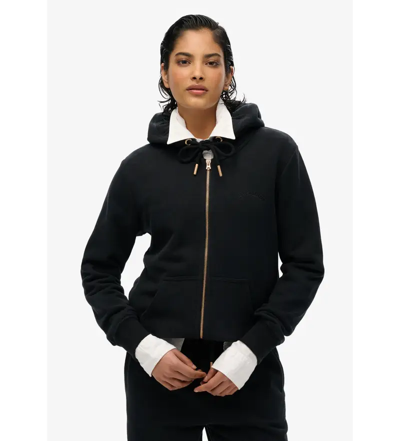 per donna W2012358A Felpa con cappuccio e zip con logo nero essenziale (XS), Casual, Cotone, Sostenibile