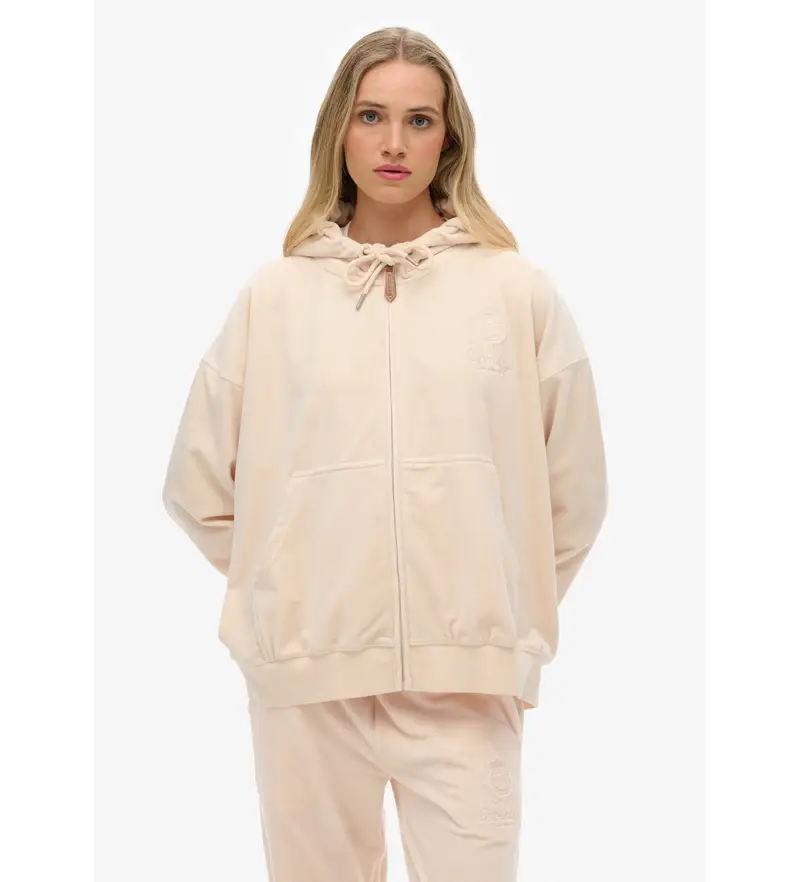 per donna. W2012544A Felpa con cappuccio e cerniera in velluto rosa Country Club (L), Casual, Poliestere