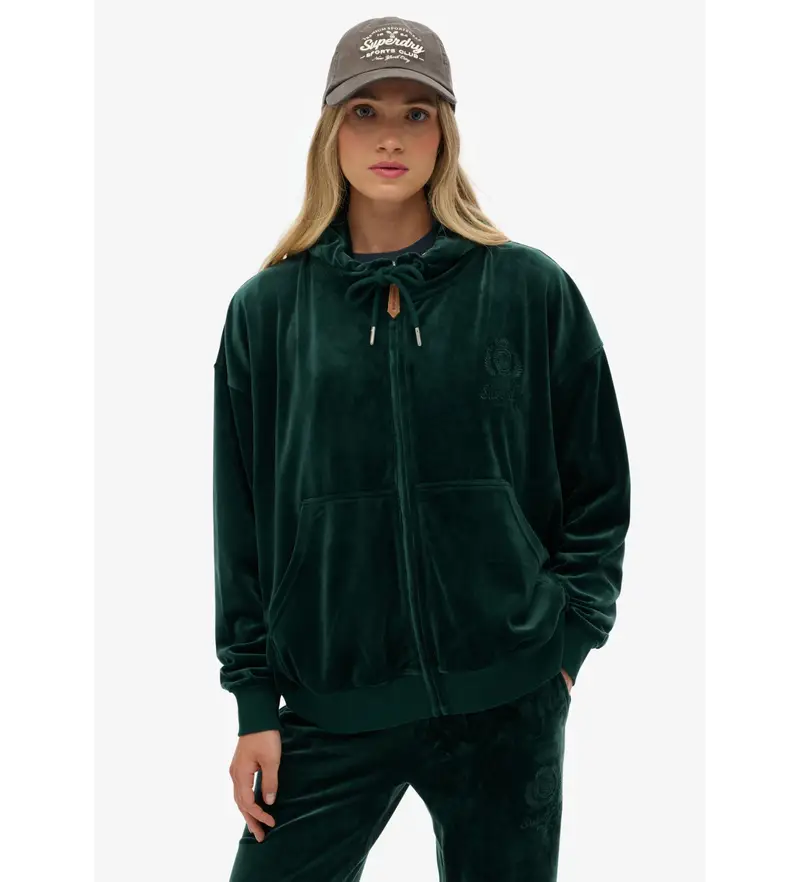 per donna. W2012544A Felpa verde con cappuccio e cerniera in velluto Country Club (XL), Casual, Poliestere