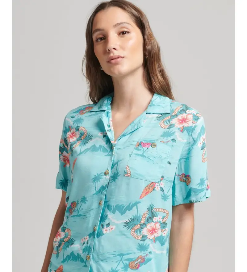 per donna. W4010371A Camicia con logo turchese vintage Beach Resort (XS), Casual, Viscosa, Manica corta