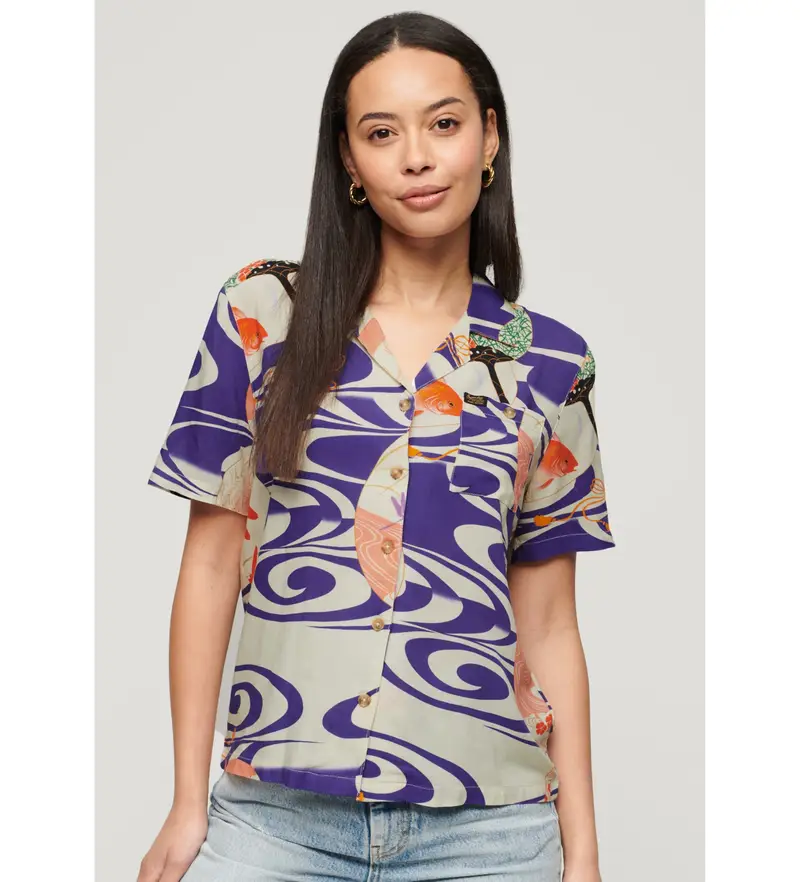 per donna W4010371A Camicia con logo vintage Beach Resort Blu (XS), Casual, Viscosa, Manica corta