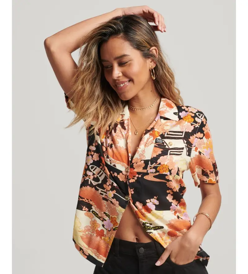 per donna W4010371A Camicia multicolore con logo vintage Beach Resort (XS), Casual, Viscosa, Manica corta