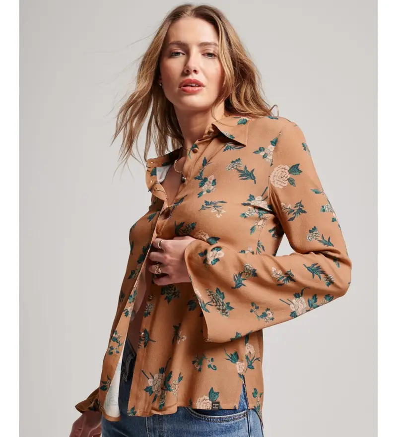 per donna W4010384A Camicia marrone degli Studios degli anni Settanta (XS), Casual, Viscosa, Manica lunga